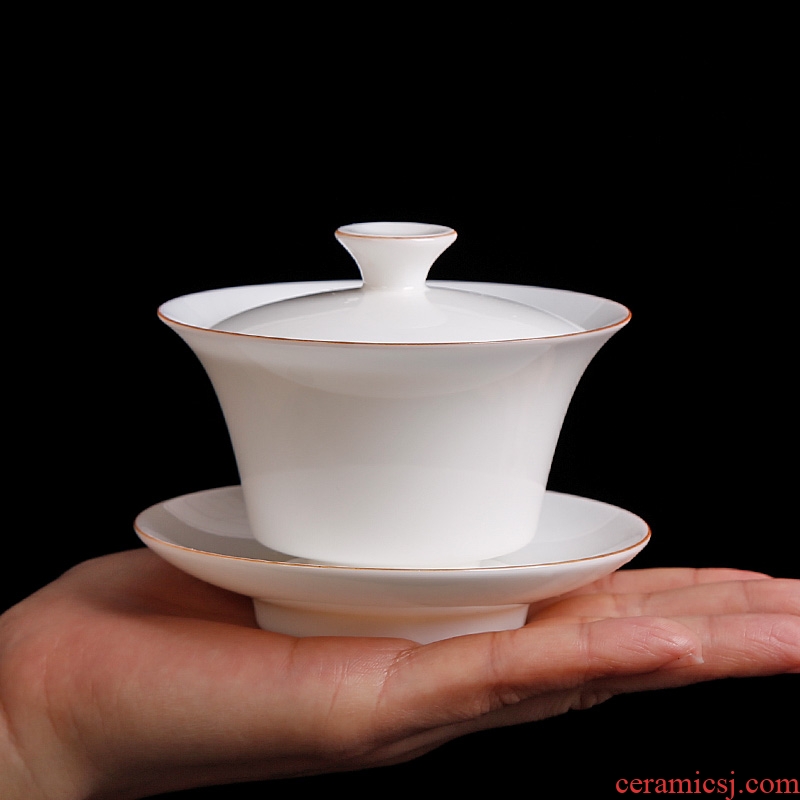 High tea seed jade porcelain household tureen trumpet kung fu tea set ceramic cups three only lid bowl to bowl