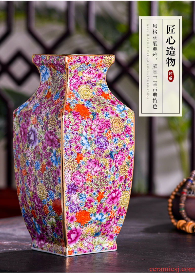 Jingdezhen ceramics powder enamel flower square bottle of the sitting room porch flower arrangement of Chinese style household decoration vase furnishing articles