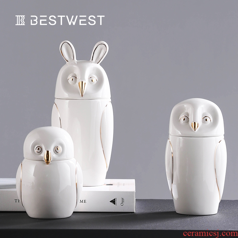 BEST WEST owl storage tank ceramic receive soft candy jar sitting room adornment creative furnishing articles