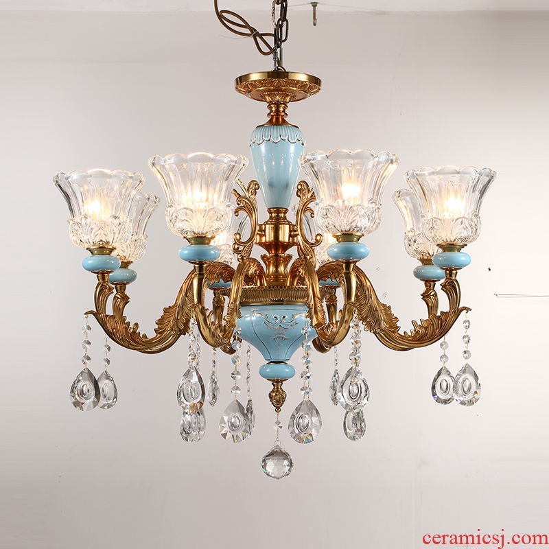 French pure copper chandelier sitting room lamps and lanterns of Europe type restoring ancient ways crystal droplight villa luxury restaurant bedroom ceramic lamp