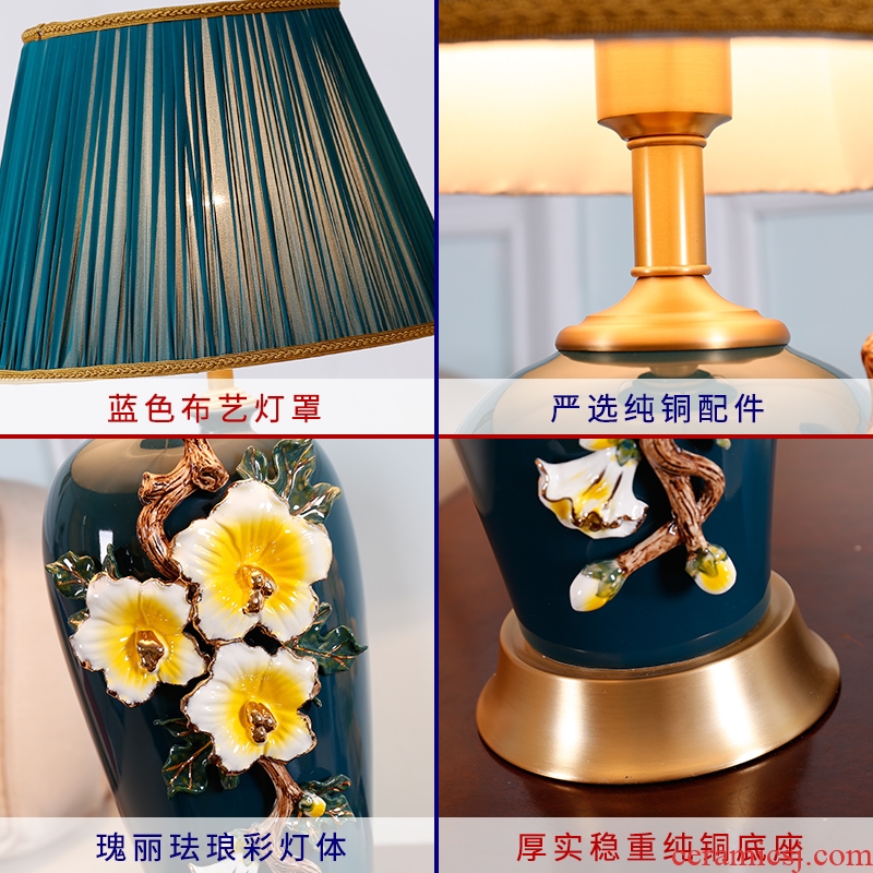 Large sitting room luxury colored enamel lamp full copper lamp of bedroom the head of a bed American sweet European ceramic new Chinese style