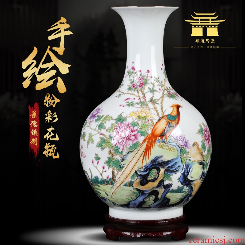 Jingdezhen ceramic powder enamel vase peony flower arrangement sitting room, office decoration furnishing articles large vases