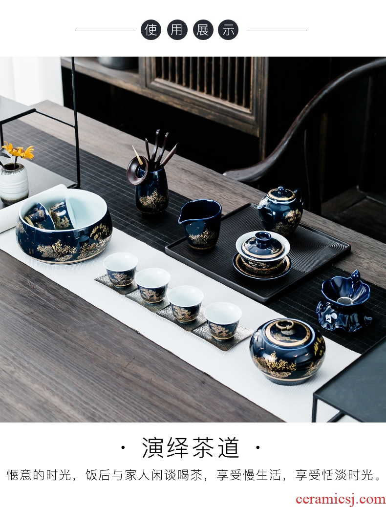 Bin, a complete set of kung fu tea set ji blue glaze ceramic household contracted tea cup lid bowl tea set