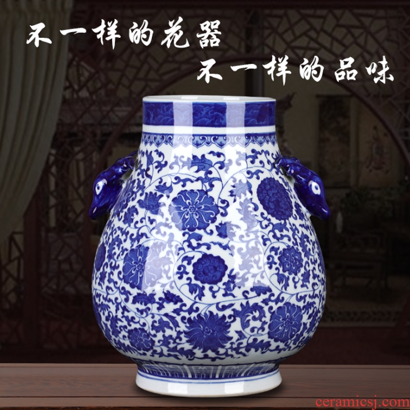 Jingdezhen ceramics large blue and white vase landing ears flower arrangement sitting room adornment of Chinese style household furnishing articles