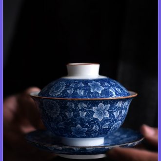 Tao fan tureen large cups of blue and white porcelain jingdezhen kung fu tea set jade porcelain three cup big bowl of household