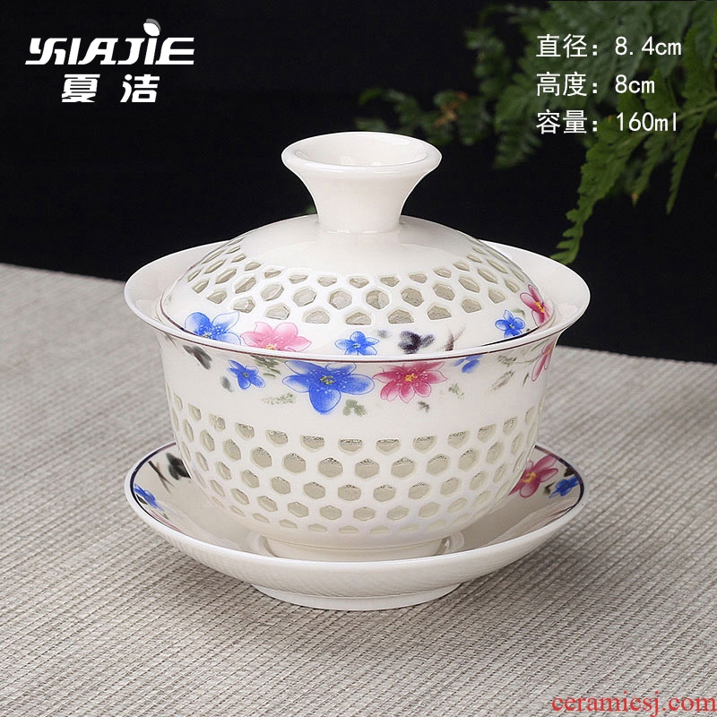 Four-walled yard tureen tea bowl three only large jingdezhen blue and white porcelain tea set ceramic tea cup with cover white porcelain