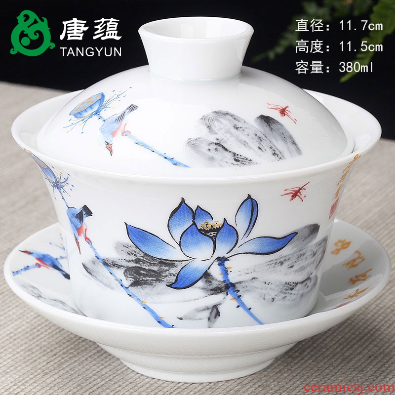 Tang aggregates tureen large bowl kung fu tea cups three bowl of tea to make tea only blue and white porcelain dehua county