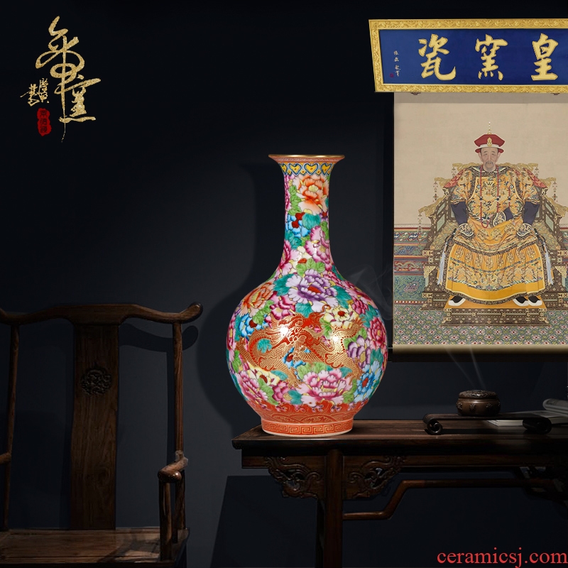 Jingdezhen ceramics archaize qing qianlong enamel dragon wear Chinese style flower vase sitting room porch crafts