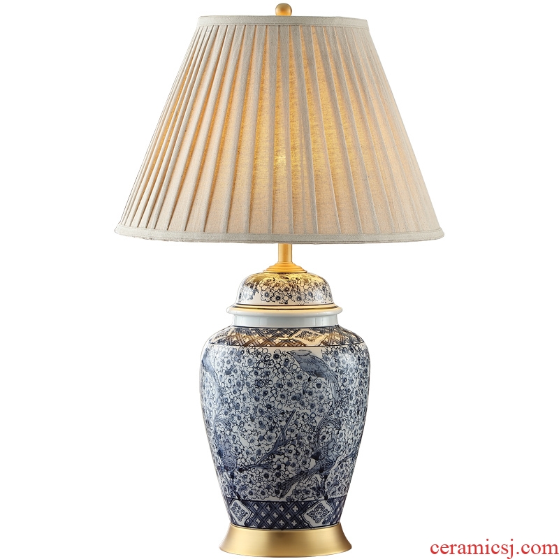 Jingdezhen Chinese style new classic blue and white porcelain ceramic desk lamp bedside lamp sitting room bedroom large old person room full copper lamp