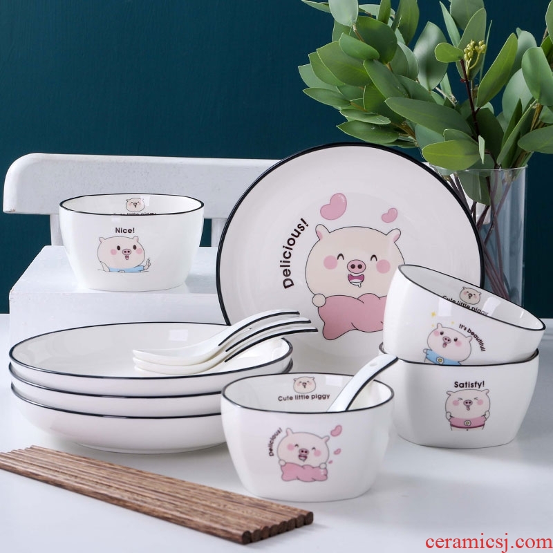 Ceramic dishes suit cute piggy contracted Korean home four dishes chopsticks combination tableware nice bowl