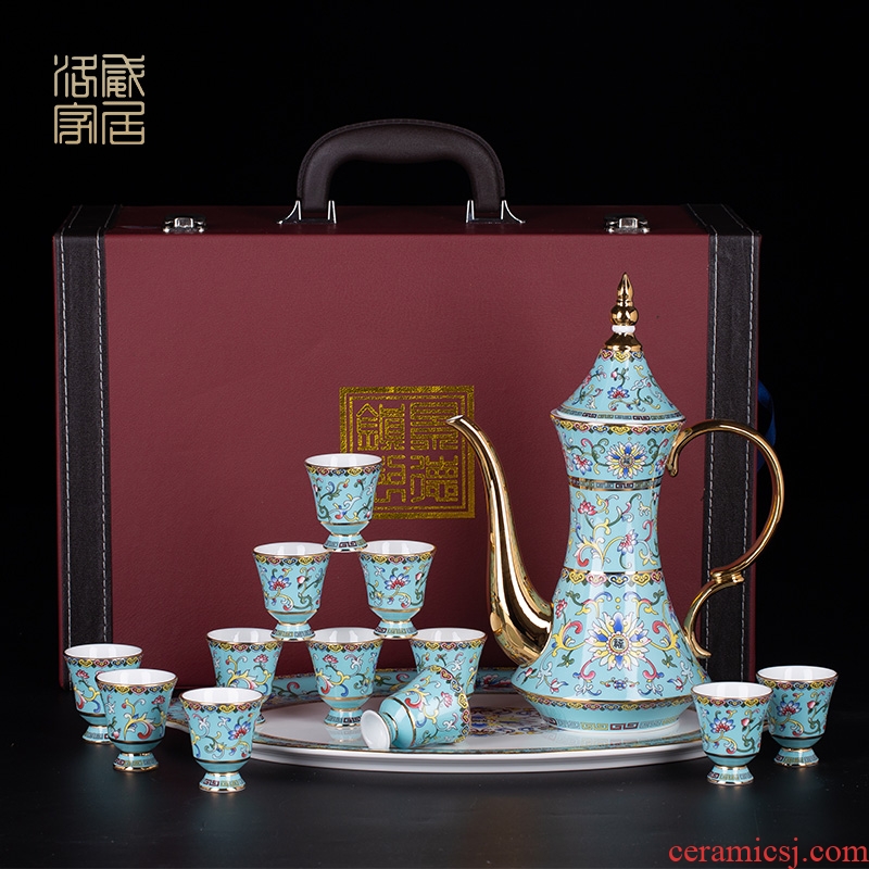 Jingdezhen colored enamel wine suit household of Chinese style ceramic liquor pot liquor cup small a small handleless wine cup a gift