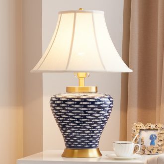 Sitting room lamp American contemporary and contracted style bedroom whole copper creative hand-painted water-wave jingdezhen ceramic bedside lamp