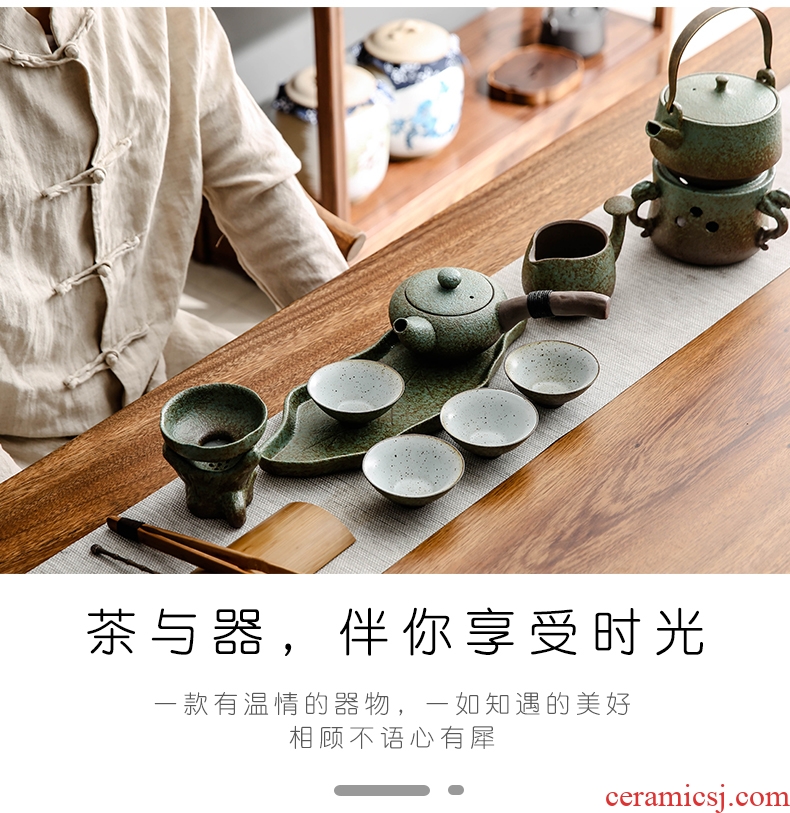 Bo yiu Japanese coarse pottery kung fu tea set a pot of four cups of household ceramic portable travel crack cup teapot