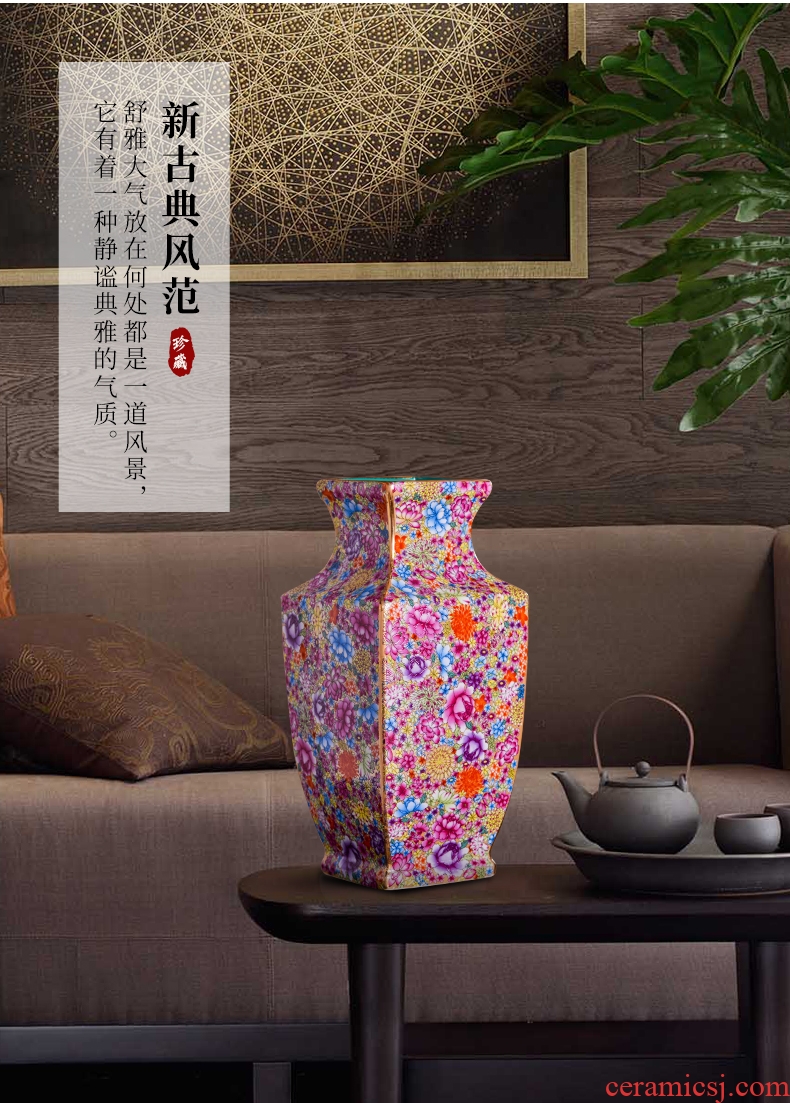 Jingdezhen ceramics powder enamel flower square bottle of the sitting room porch flower arrangement of Chinese style household decoration vase furnishing articles