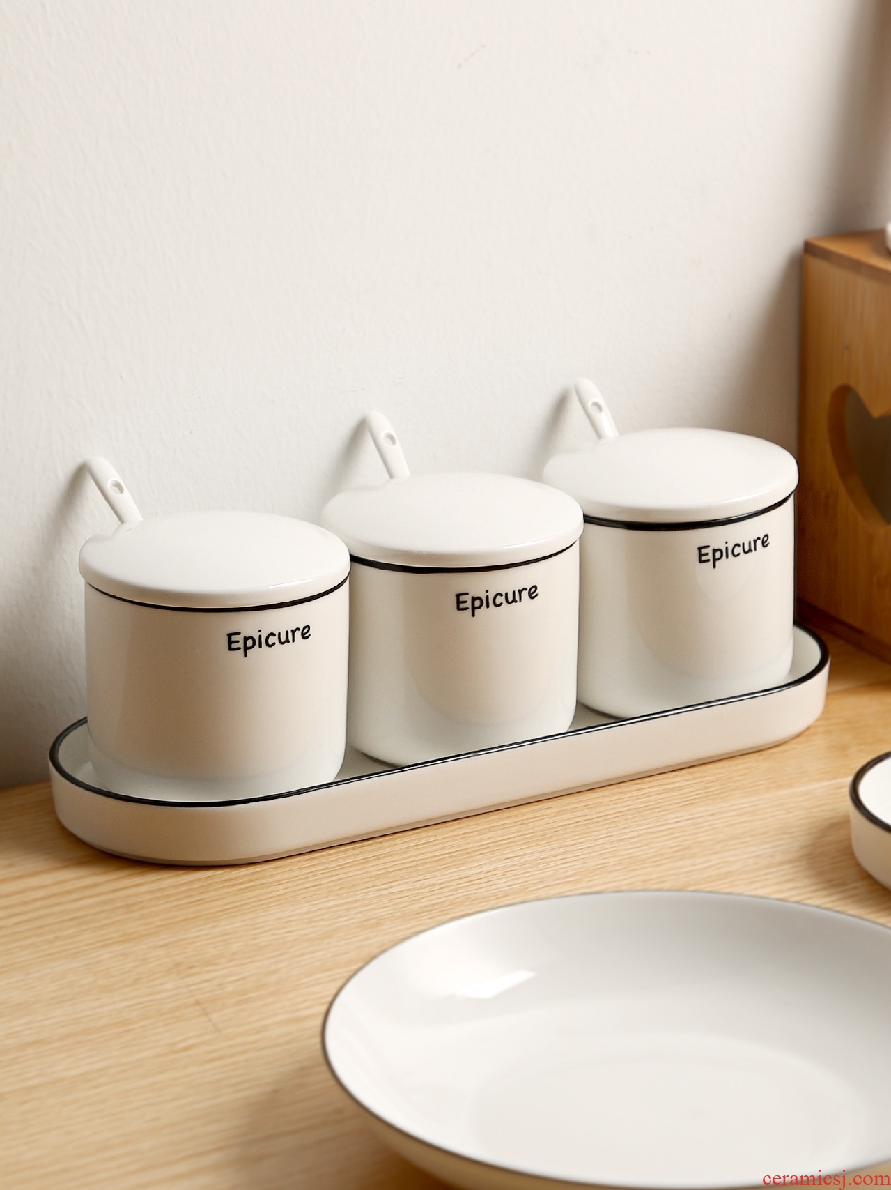 Inky ceramic seasoning jar of kitchen household Nordic three-piece, cooking pot seasoning boxed set combination