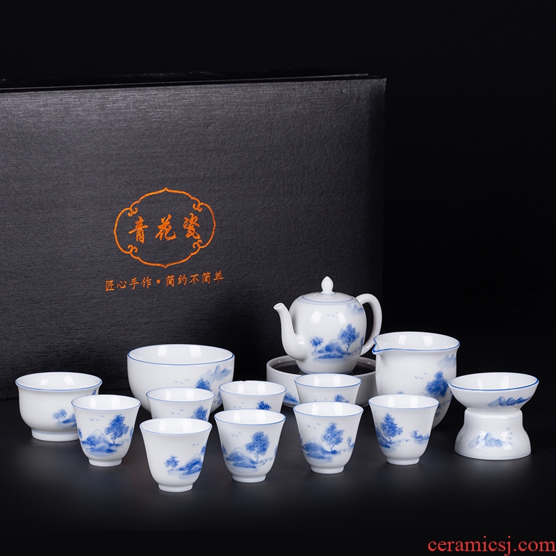 Jingdezhen blue and white teapot kung fu tea tureen of a complete set of pottery and porcelain tea set master cup household gifts