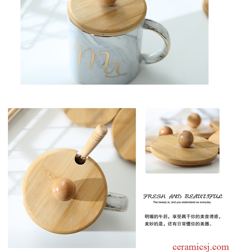 Circular general ceramic glass lid with top lid wooden mug cup spoons solid wooden spoon handle stainless steel