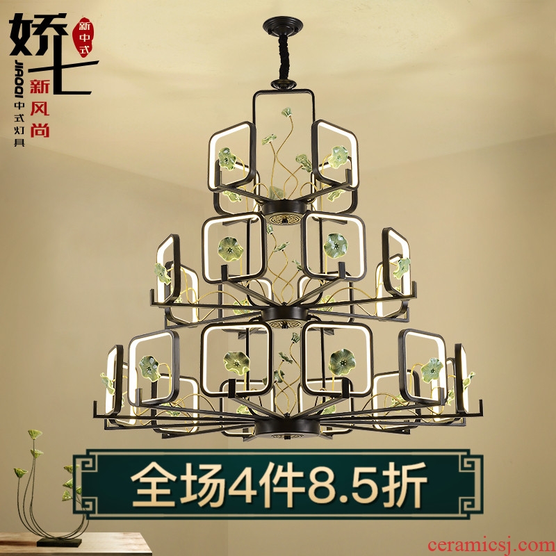 Jiao seven new Chinese style droplight ceramic compound floor of sitting room lamps and lanterns of double three-layer villa zen restaurant stair droplight