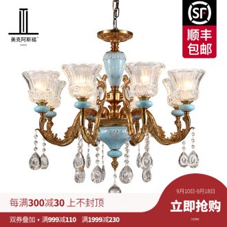 French pure copper chandelier sitting room lamps and lanterns of Europe type restoring ancient ways crystal droplight villa luxury restaurant bedroom ceramic lamp