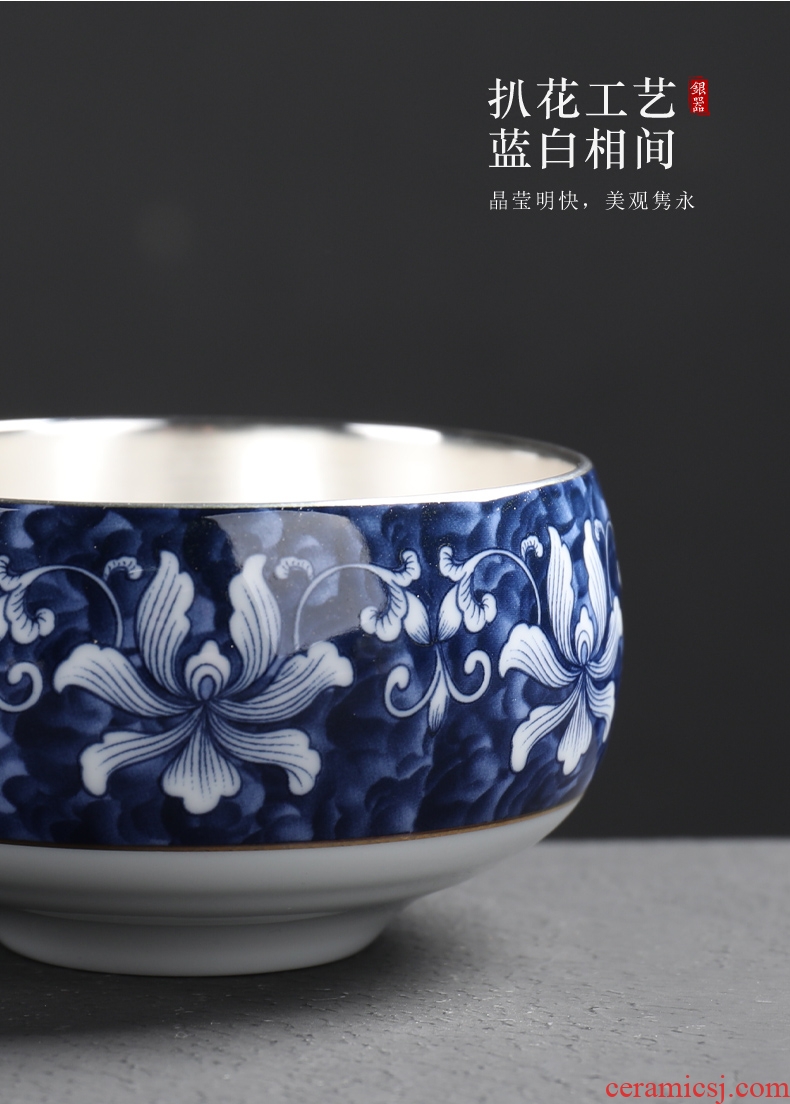 Is good source 999 sterling silver blue tasted silver gilding ceramic wash bowl XiCha kung fu tea tea accessories domestic cups to wash