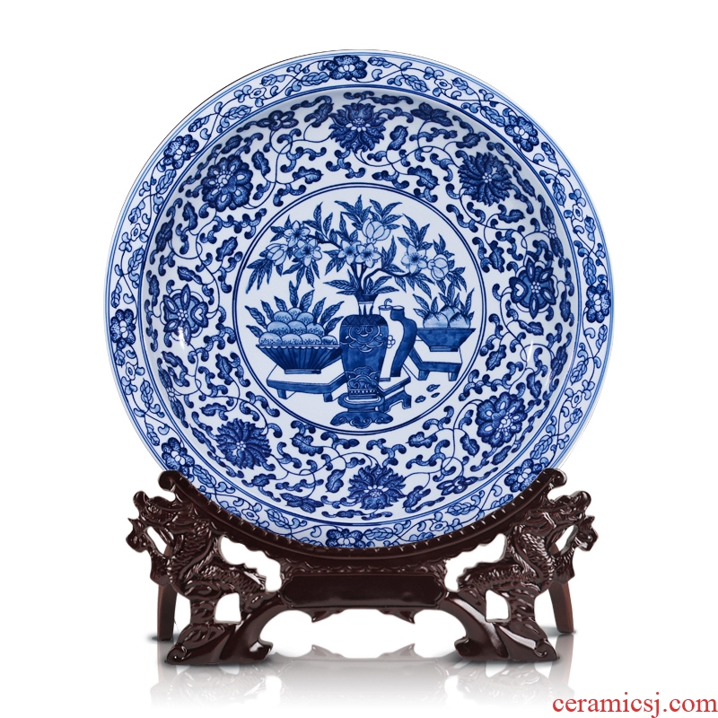 Jingdezhen ceramics antique blue-and-white bound lotus flower big porcelain hang dish hanging new Chinese style household rich ancient frame furnishing articles