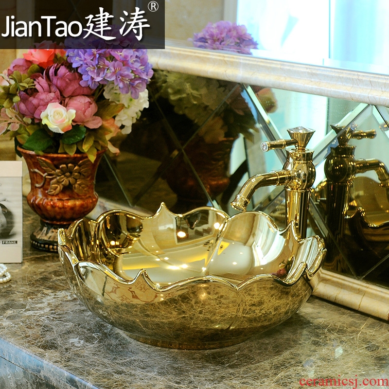 Wash basin stage basin sink and petal shaped ceramic water basin art basin golden lotus