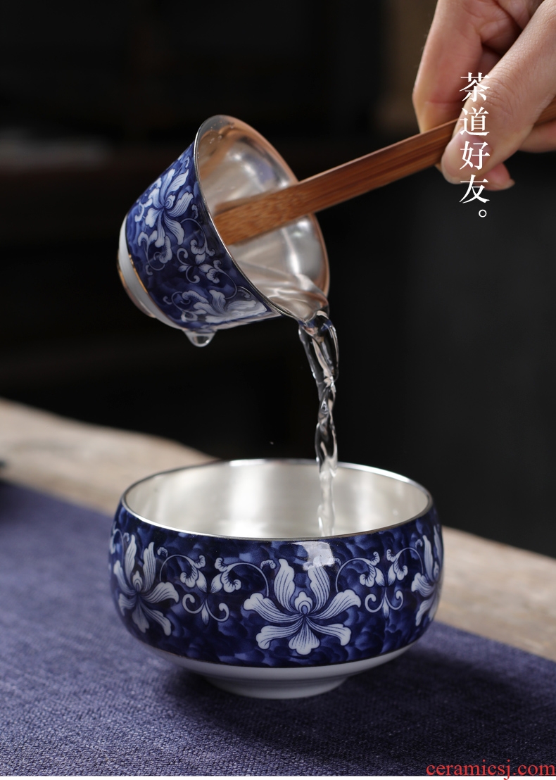 Is good source 999 sterling silver blue tasted silver gilding ceramic wash bowl XiCha kung fu tea tea accessories domestic cups to wash