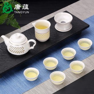 Tang aggregates and exquisite ceramic kung fu tea set contracted honeycomb hollow out of blue and white porcelain teapot GaiWanCha the whole cup