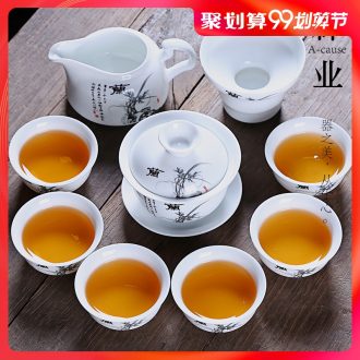Auspicious industry white porcelain kung fu tea set suit household ancient jade porcelain tea tureen teapot teacup ceramic gifts