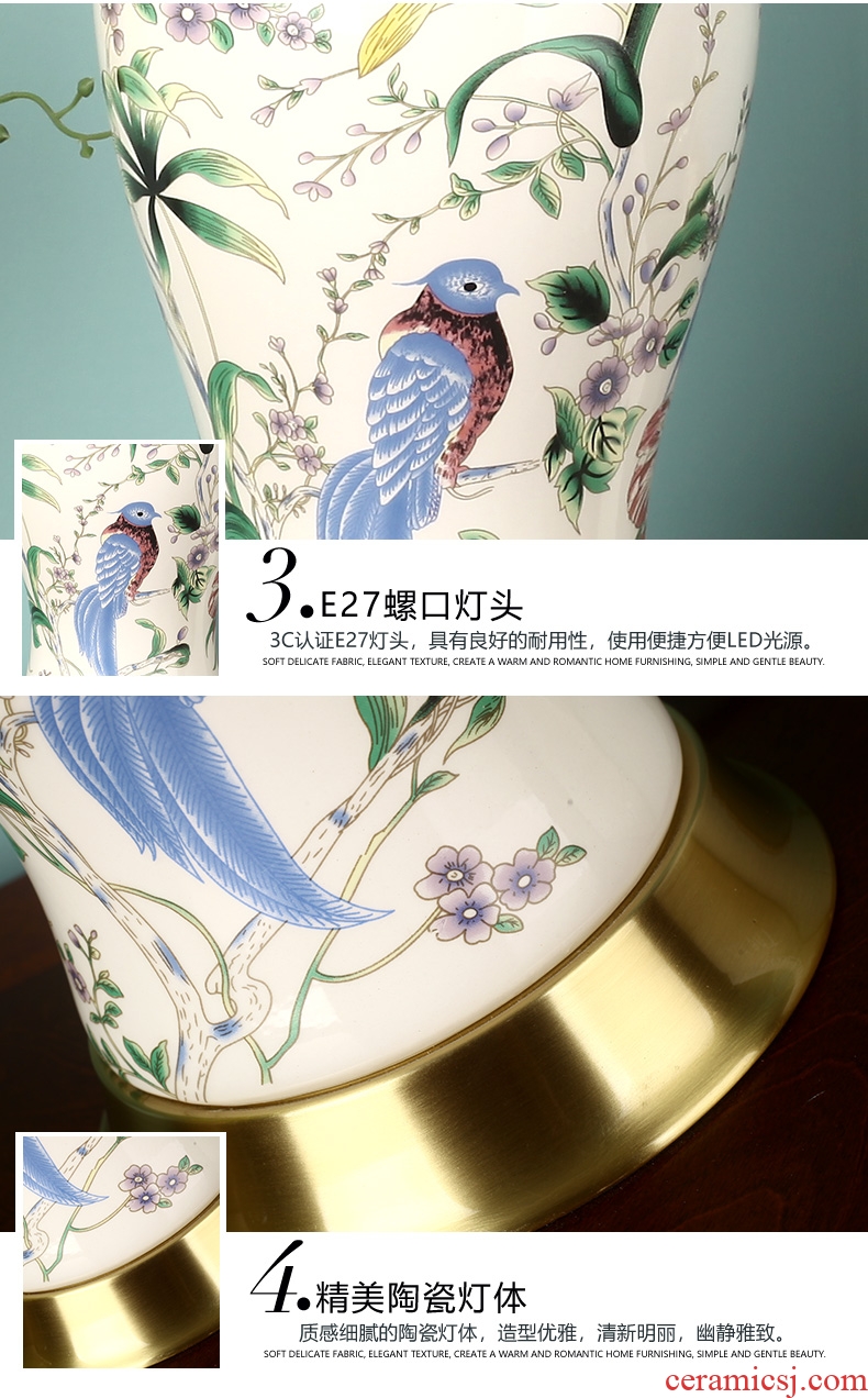 American whole copper ceramic desk lamp LED the study of bedroom the head of a bed is contracted sweet flowers and birds personality between example chandeliers
