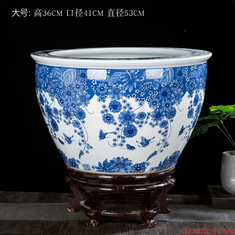 Blue and white porcelain jar of jingdezhen ceramics ceramic aquarium tank big lotus lotus cylinder landing fish tank feng shui furnishing articles