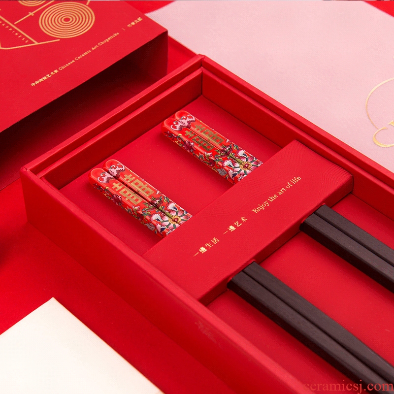Red ceramic double chopsticks chopsticks gift boxes log handmade gifts creative gifts of high-grade wooden chopsticks
