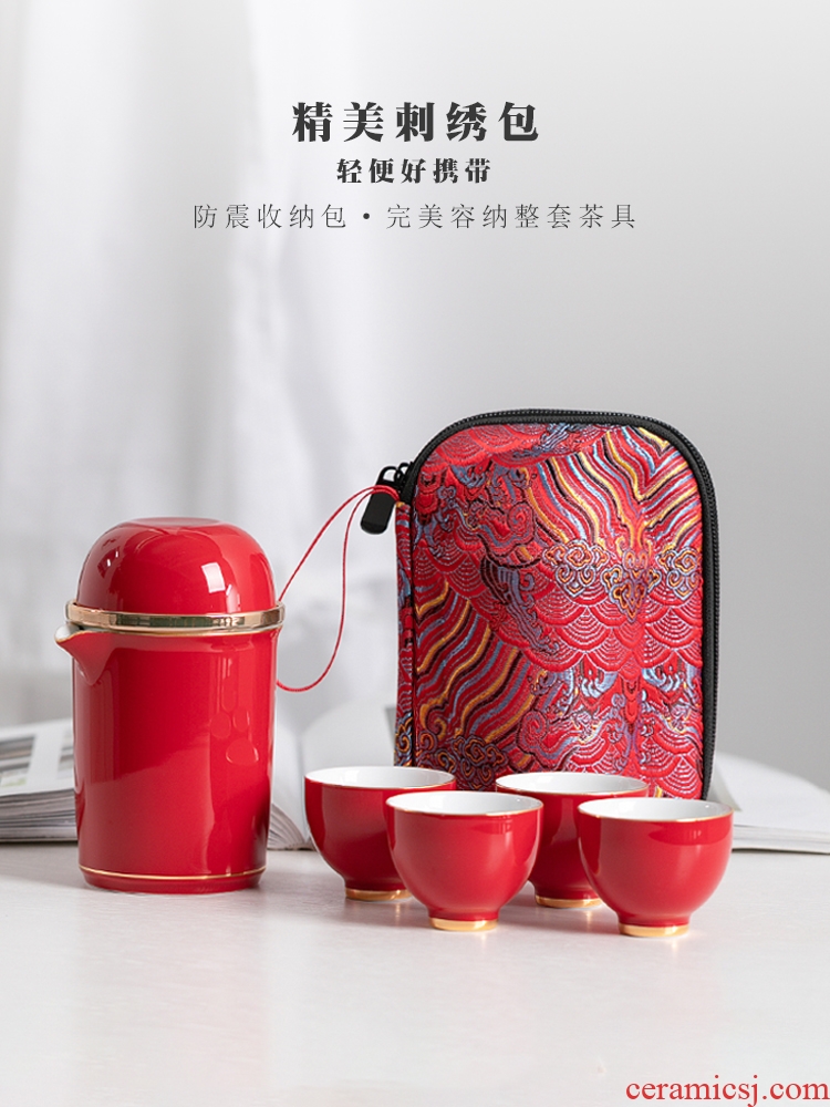 Portable crack glass ceramic pot of five cups to receive a bag travel teapot household kung fu tea set small suit