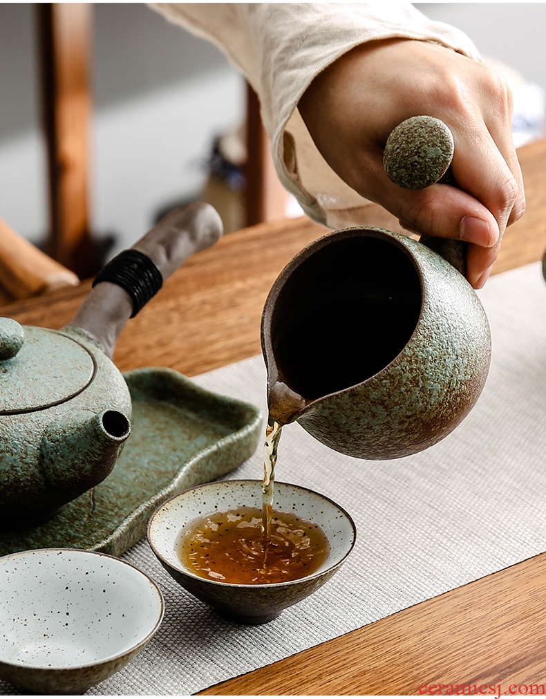 Bo yiu Japanese coarse pottery kung fu tea set a pot of four cups of household ceramic portable travel crack cup teapot