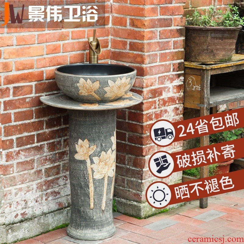 Retro basin of pillar type lavatory balcony column ceramic floor sink basin integrated outdoor sink