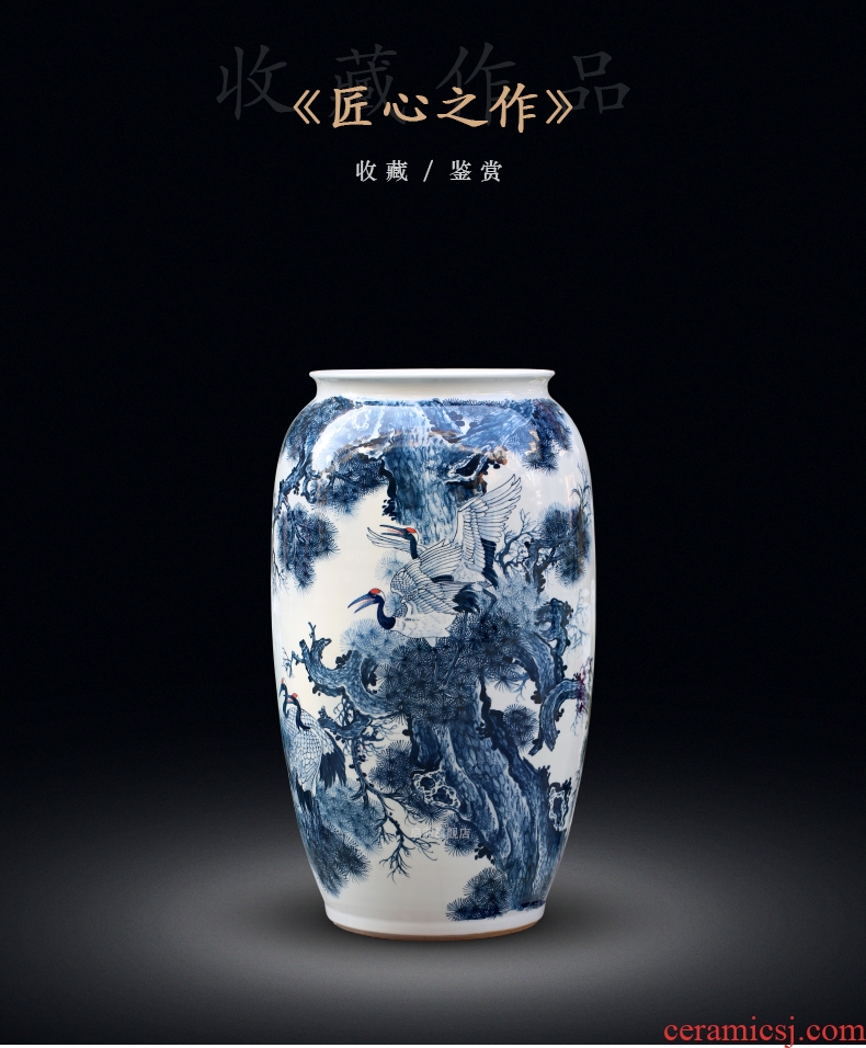 Jingdezhen ceramics hand-painted large blue and white porcelain vase pine crane live home sitting room adornment furnishing articles