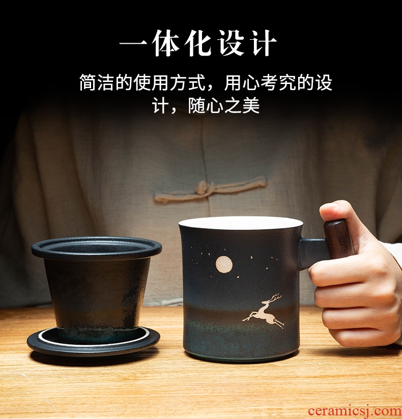 RongShan hall ceramic mug with cover filter tea cup with wooden handle large capacity China office cup contracted wind cup