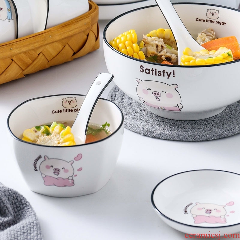 Ceramic dishes suit cute piggy contracted Korean home four dishes chopsticks combination tableware nice bowl