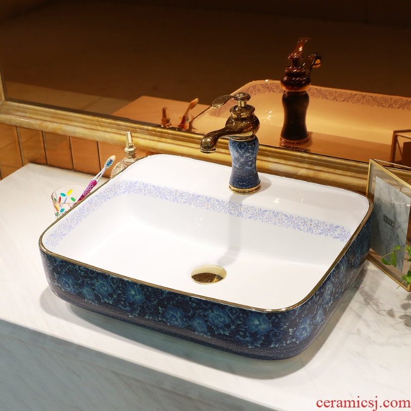 Gold cellnique European stage basin blue square household contracted art ceramics sink on the sink