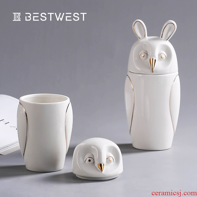 BEST WEST owl storage tank ceramic receive soft candy jar sitting room adornment creative furnishing articles