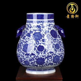 Jingdezhen ceramics large blue and white vase landing ears flower arrangement sitting room adornment of Chinese style household furnishing articles
