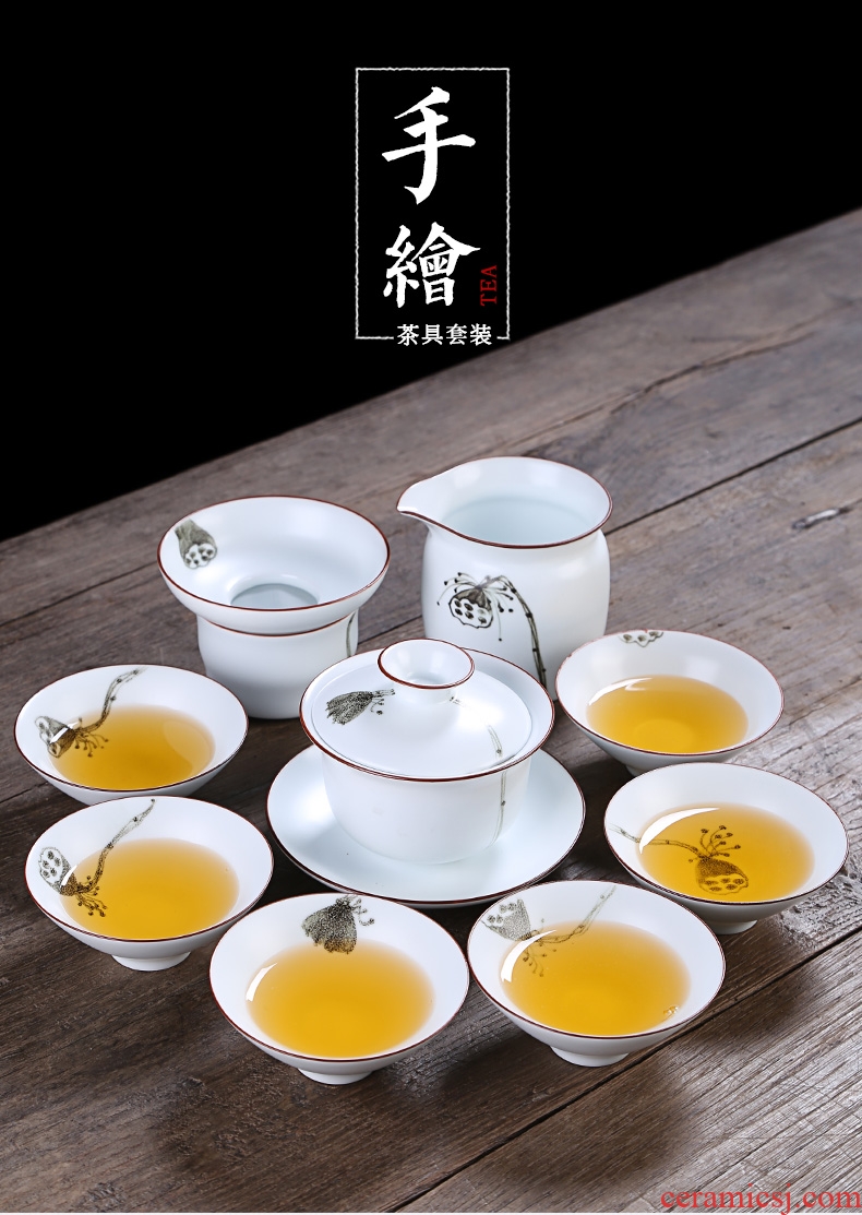 Kung fu tea set suits large auspicious industry contracted tureen ceramic tea cups of tea sea hand draw a complete set of tea service