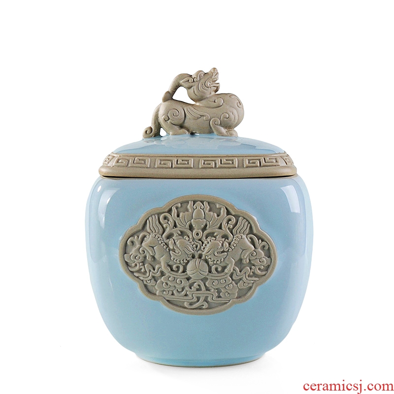 The great east west tea pot size ceramic POTS guanyao anaglyph kirin celadon seal Chinese black tea caddy size