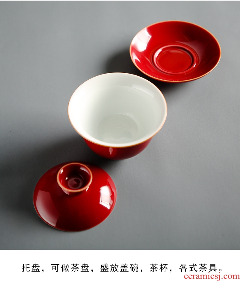 Bo yao ji red tureen tea set ceramic large red worship bowl three kung fu tea set marriage just tureen tea custom