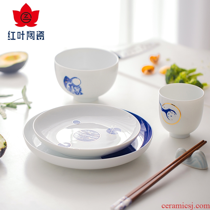 Red ceramic one single Chinese style household food tableware chopsticks sets dishes creative contracted to eat bread and butter plate