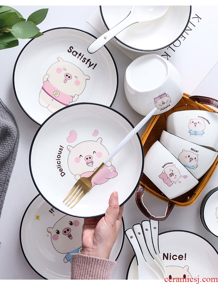 Ceramic dishes suit cute piggy contracted Korean home four dishes chopsticks combination tableware nice bowl