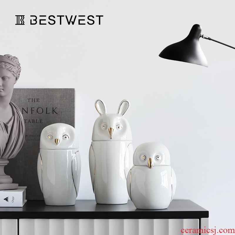 BEST WEST owl storage tank ceramic receive soft candy jar sitting room adornment creative furnishing articles