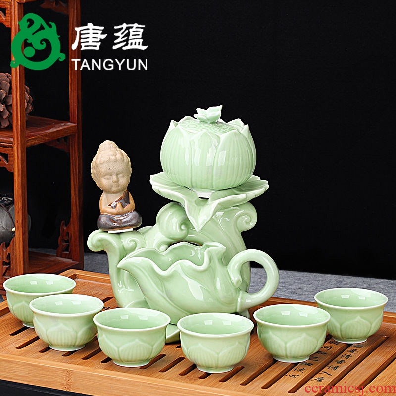 Tang accumulate half automatic kung fu tea set ceramic household lazy creative tea teapot teacup of a complete set of millstones