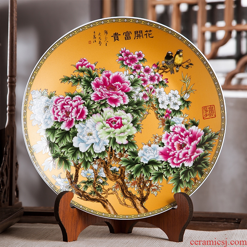 Jingdezhen ceramics ten inches of stroke blooming flowers adornment rich ancient frame hang dish sat dish household office furnishing articles