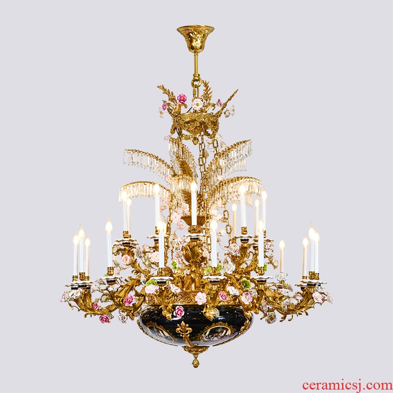 French pure copper chandeliers villa luxury romantic European ceramic crystal lamp double living room light court lamps and lanterns